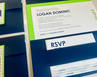 May include: A bar mitzvah invitation with a green and blue colour scheme. The invitation is for Logan Dominic, and it includes the date and time of the event, as well as the location. The invitation also includes the names of the hosts, Emily and Brendon Eisner.