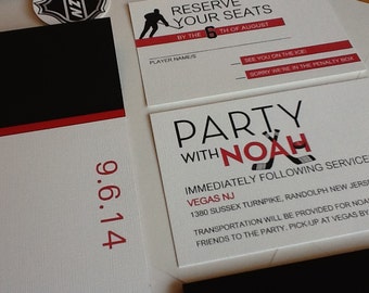 May include: A hockey-themed party invitation with red and black accents. The invitation reads "Party with Noah" and includes details about the party, including the date, time, and location. The invitation also includes a hockey stick graphic.