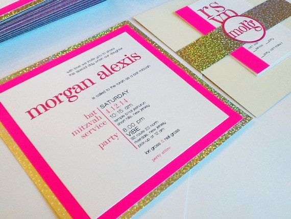 Neon Pink and Sparkle Bat Mitzvah Invitation