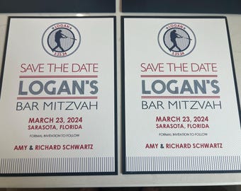 May include: Two white save the date cards with black borders. The cards feature a baseball-themed design with a silhouette of a baseball player in a circle. The text on the cards reads "Save the Date", "Logan's Bar Mitzvah", "March 23, 2024", "Sarasota, Florida", "Formal Invitation to Follow", and "Amy & Richard Schwartz".