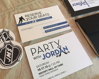 May include: A white invitation with blue and black text for a hockey party with the name Jordan. The invitation includes the date, time, and location of the party. The text "Reserve your seats by the 24th of September" is also included.