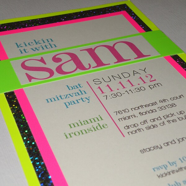 Neon and Silver Bat Mitzvah and Party Invitation