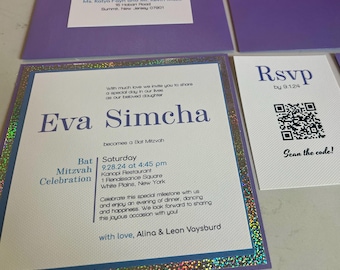 Purple and Silver Glitter Bat Mitzvah Invitation
