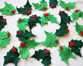 Holly Jolly Garland - Hand-stitched Holly Felt Garland - Christmas Garland - Green and Red Felt Garland - Christmas mantle decor - 8 ft long