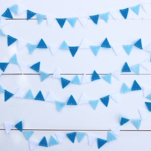 Blue and White Mini Bunting Felt Garland - 8 ft long, perfect for parties and showers