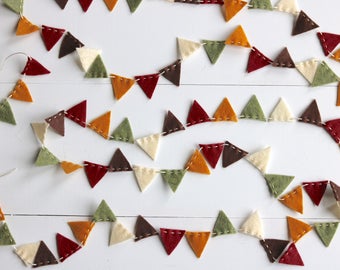 Fall Mini Bunting Felt Garland in maroon, brown, antique white, olive green & goldenrod - 8 ft long