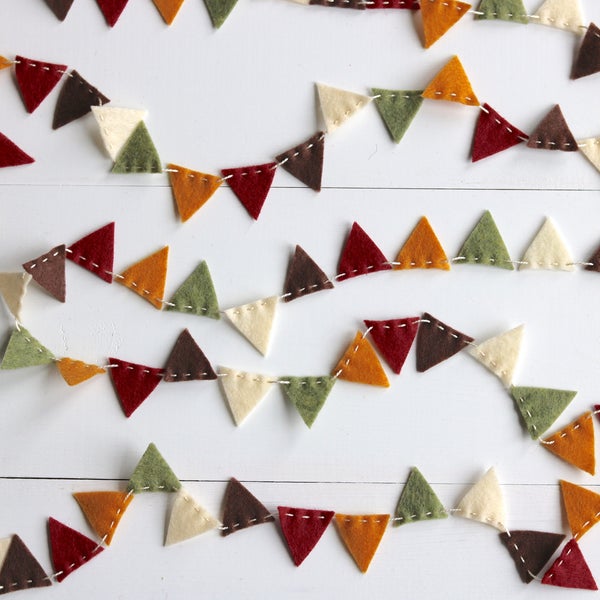 Fall Mini Bunting Felt Garland in maroon, brown, antique white, olive green & goldenrod - 8 ft long