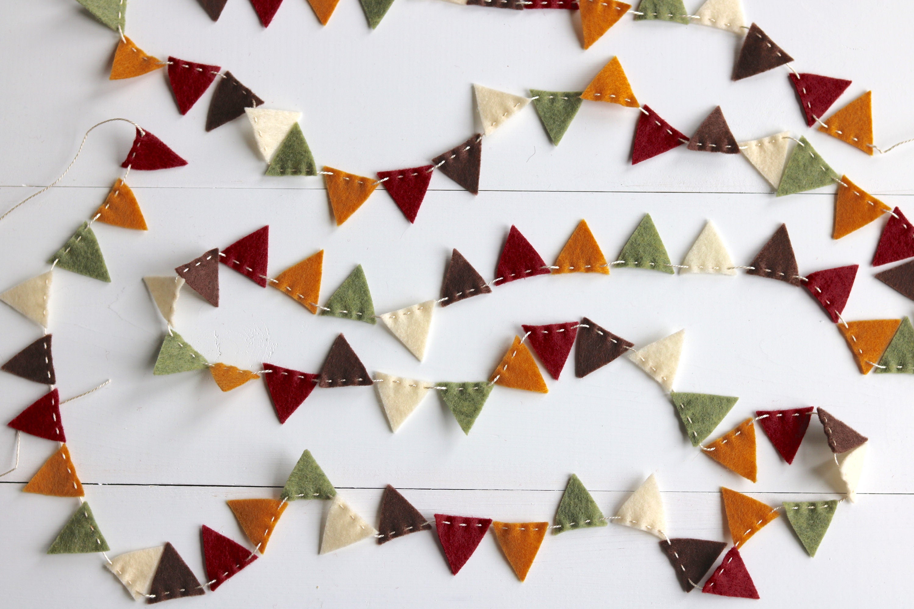 Fall Mini Bunting Felt Garland in maroon, brown, antique white, olive green & goldenrod - 8 ft long