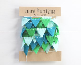 Teal, Green, and Mint Green Mini Bunting Felt Garland - 8 ft long, perfect for parties and showers