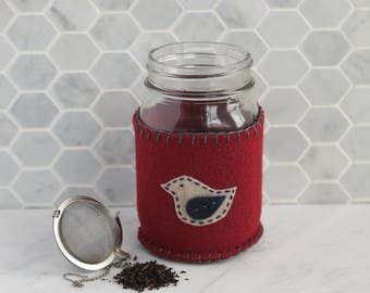 Mason Jar Cozy - Oatmeal Bird on Maroon Felt, Pint Jar Size