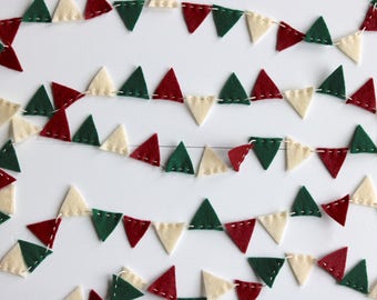 Classic Christmas Mini Bunting Felt Garland in maroon, antique white & forest green - 8 ft long
