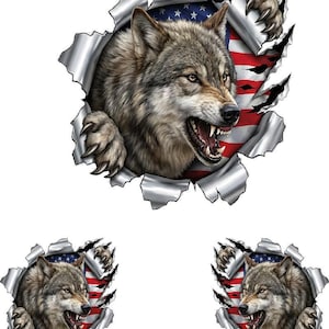 May include: A detailed graphic of a wolf bursting through torn metal, revealing the American flag. The wolf has a fierce expression with bared teeth and claws. The image is repeated three times.
