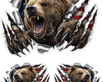 Grizzly Bear Hood Decal - Distressed American Flag Ripped Metal Vinyl Sticker ATV UTV Set