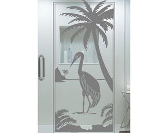 Heron & Palm Tree Etched Vinyl Decal for Shower Doors