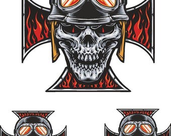 Skull Golf Cart Decal - Iron Cross Biker Helmet Flames Vinyl Sticker Graphics ATV UTV Set