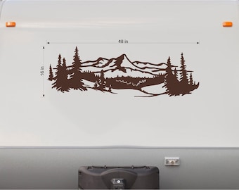 Lake Trees Mountains RV Camper Decal Sticker Graphic Custom Text Mural AT131B