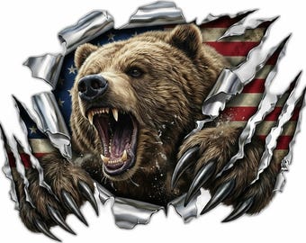 Patriot Bear Hood Decal - American Flag Grizzly Vinyl Graphic Golf Cart ATV Truck Tailgate | StickerChef