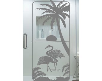 Flamingos & Palm Tree Etched Vinyl Decal for Shower Doors
