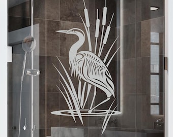 Heron Etched Glass Decal Shower Door - Frosted Vinyl Bird Cattail Bathroom Window Privacy Film 12x23 18x35