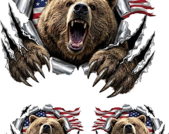 Grizzly Bear Hood Decal - American Flag Ripped Metal Vinyl Sticker Graphics ATV UTV Set