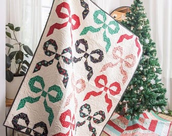 Festive Bows Quilt Pattern – Throw Size, Holiday Quilt (Digital Download)