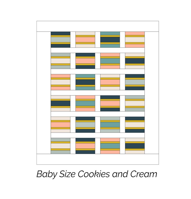 K&ouml;nnte beinhalten: Ein Quiltmuster mit einem Raster aus Quadraten in verschiedenen Farben, darunter hellblau, Pfirsich, Creme, dunkelblau und Gold. Das Muster hei&szlig;t "Baby Size Cookies and Cream".