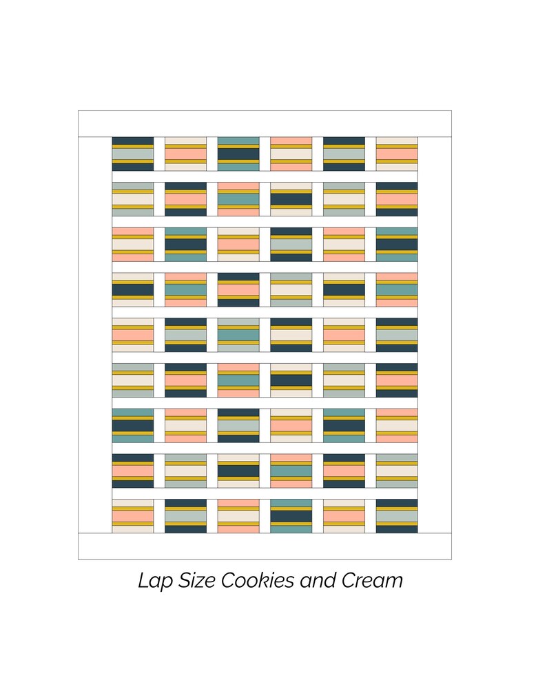 K&ouml;nnte beinhalten: Ein Quiltmuster mit einem Raster aus Quadraten in verschiedenen Farben, darunter Pfirsich, T&uuml;rkis, Creme, Schwarz und Gold. Das Muster ist mit "Lap Size Cookies and Cream" beschriftet.
