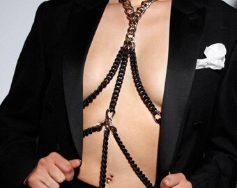 Bondage Body Chain, Black Bdsm Body Necklace, Cyberpunk Festival Clothing, Burning Man, Futuristic Goth Jewelry, CROSS