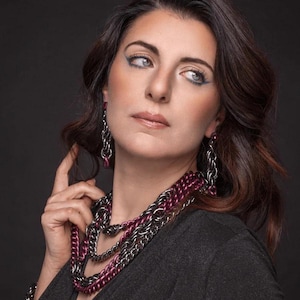 Multi layered chain bib necklace, statement multistrand necklace gunmetal and lilac, ARCANA NECKLACE