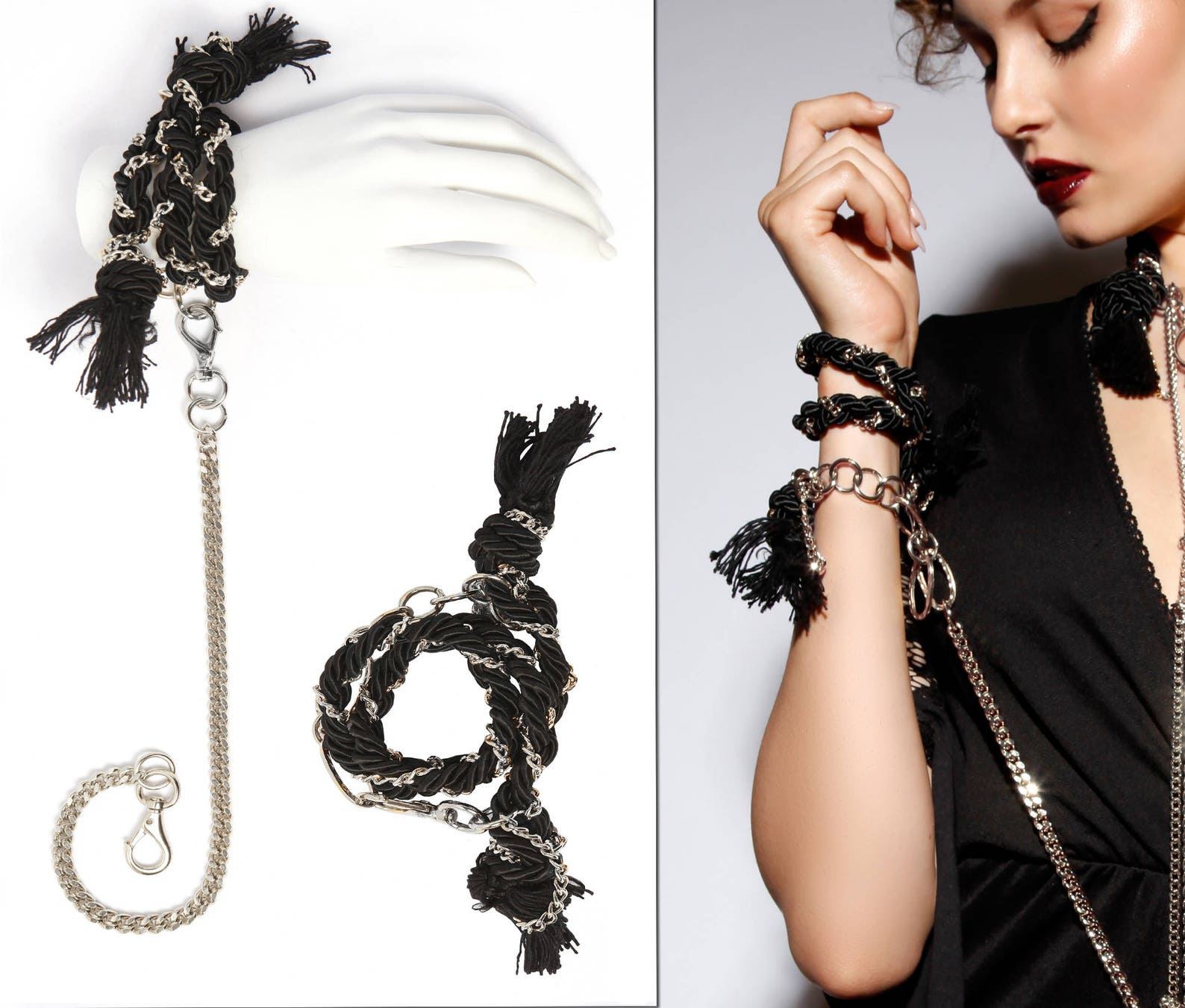 Gothic Handcuffs SET Bdsm Bondage Cuffs w. Wrist Leash Rope Etsy