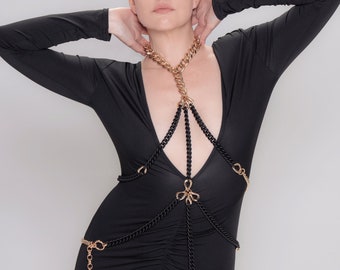 Cadena corporal negra y dorada, bralette bondage, disfraz de Cleopatra