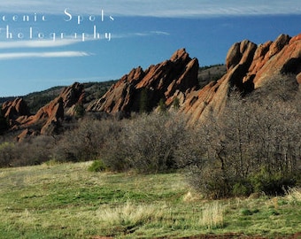 Sandstone, Rock Formation, Red Rock, Roxborough Park, Colorado, Green Grass, Blue Sky - Fine Art Photograph