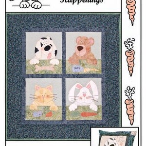 May include: A quilted wall hanging and pillow set titled "Fur Ever Friends." The wall hanging features four squares with appliqued images of a dog, bear, cat, and bunny. The pillow has a dog design. The wall hanging measures 31x33 inches, and the pillow is 16x16 inches.