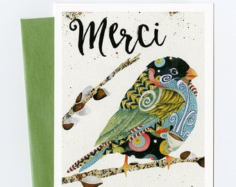 Thank You Card. Merci Cafe Swirly Bird