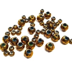 Faceted Gold Bronze Coated Window Rondelle Beads: Blue, Green & Clear