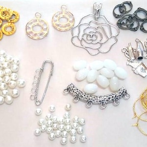 Grab Mixed Lot of White Glass Beads and Metal Components 5 Oz., Mixed Lot, Grab Bag, Wine Charms, Glass Pearl Beads, Pendants