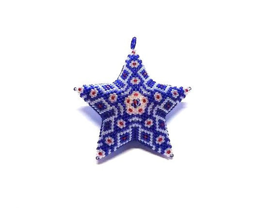 Handmade Bead Woven 3D Star Ornament in Blue, White and Red 23/8 Wide