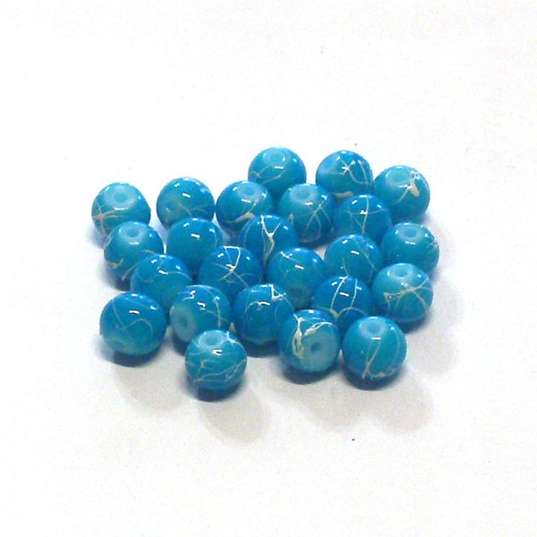 Round Opaque Turquoise Blue Glass Beads with Silver Spatter 8 MM (24), Turquoise Blue Glass Beads, Jewelry Making Beads