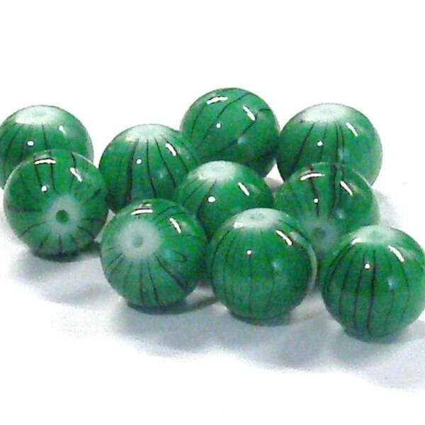 Round Glass Beads in Green with Black Swirls 12 MM