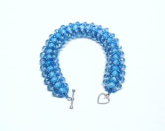 Handmade Woven Beaded Bracelet in Aqua Blue, 8" Overall Length