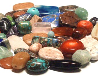 Randomly Picked Mixed Lot Grab Bag of (6) Stone Focal Beads, Grab Bag of Stones, Grab Bag of Focals, Mixed Lot of Stone Focals