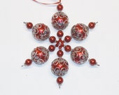 Handmade Beaded Snowflake Ornament in Red and Silver 4", Beaded Ornament