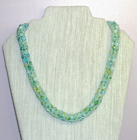 Handmade Beaded Woven Necklace: Light Blue, Yellow, Green Glass Beads, 20"