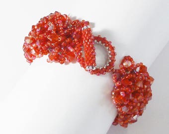 Handmade Red Beaded Cuff Bracelet: Woven Crystal Toggle Clasp