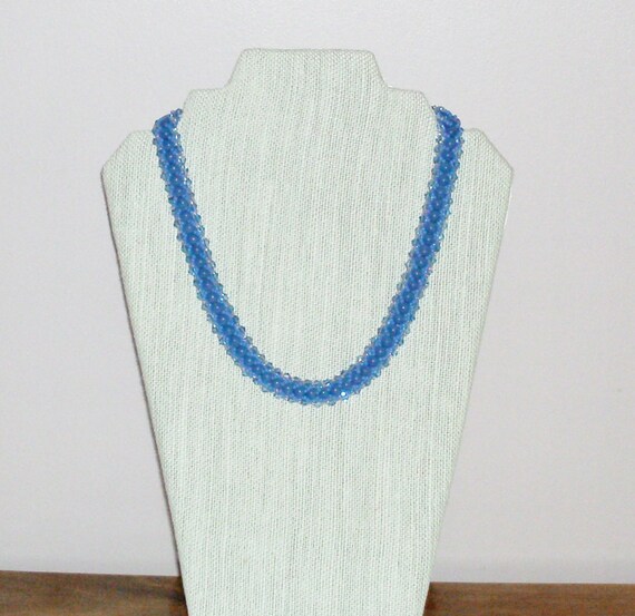 Handmade Bead Woven Necklace in Medium Blue with Chalcedony Stone Beads 20" Long
