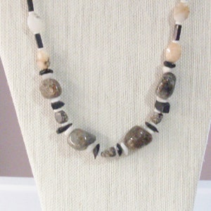 Handmade Beaded Stone Necklace with Serpentine, Leopard Skin Jasper and Shell 20&quot; Long