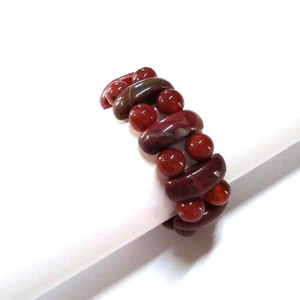 Handmade Stone Stretch Bracelet with Red Jasper and Red Agate Beads 6-1/2", Stone Bead Bracelet, Jasper and Agate Bracelet