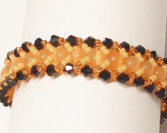 Handmade Beadwoven Beaded Bracelet in Orange, Gold and Black