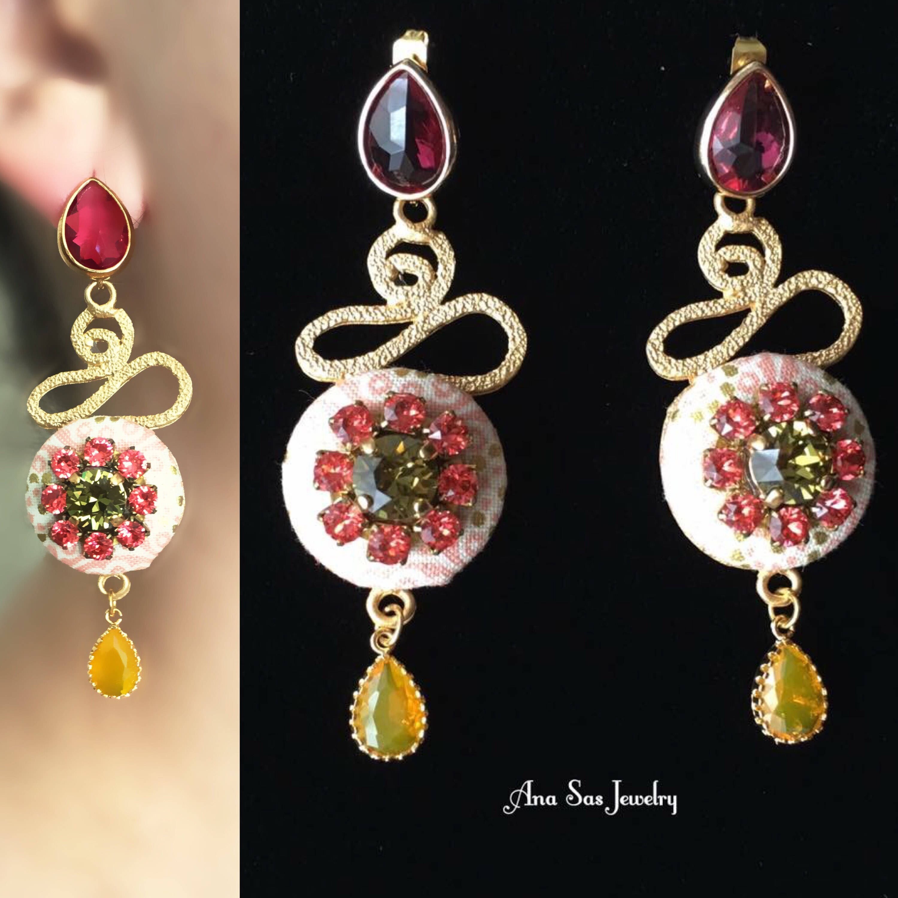 Statement Gold And Red Rhinestone Chandelier Earrings