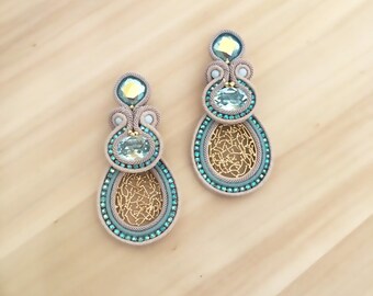 Light blue Swarovski soutache earrings, gold plated elements